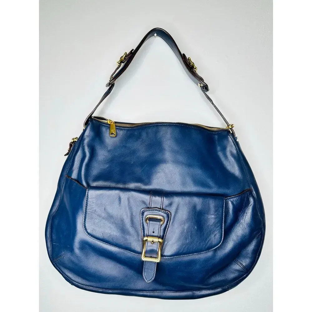 LAUREN RALPH LAUREN Navy Blue Front Pocket Leather Hobo Bag Purse - Picture 1 of 13